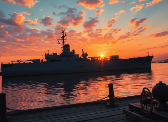 Experience the historic LSM44, a World War II landing ship, docked in a serene sunset harbor with reflections on water.