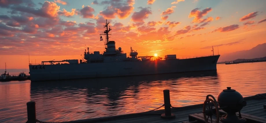 Experience the historic LSM44, a World War II landing ship, docked in a serene sunset harbor with reflections on water.