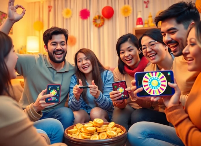 Excited friends celebrating together while enjoying their สปินฟรี in Coin Master game.