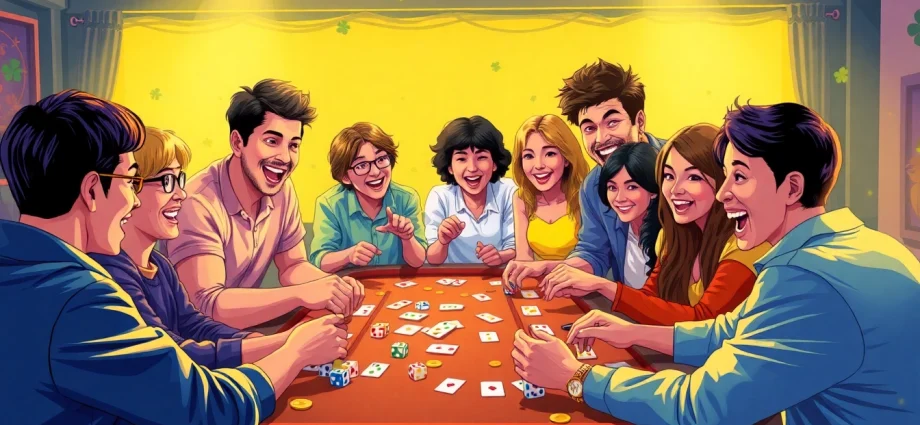 Excited friends playing a lively game at cat888 gaming table, showcasing community and joy.