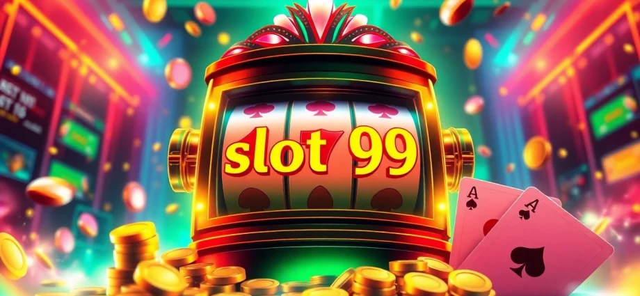 Experience the thrill of slot99 with an exciting virtual casino scene, featuring a colorful slot machine and dynamic gameplay elements.