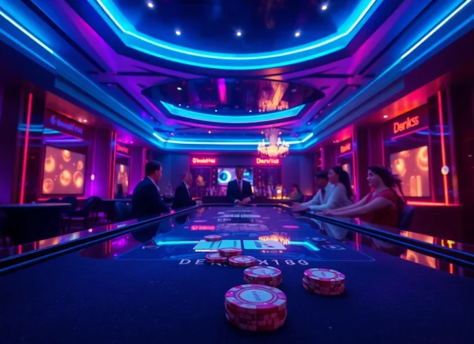 Engaging players at the vibrant dark168 online casino with neon lights and gaming action.