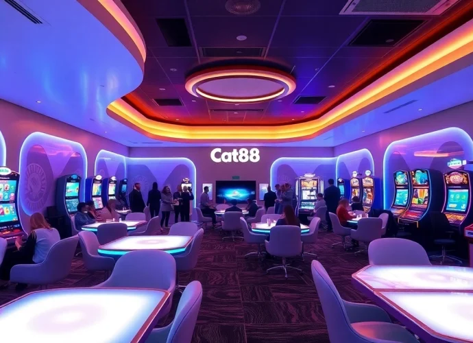 Experience the thrill of online gaming at cat888's modern lounge with engaging digital displays.