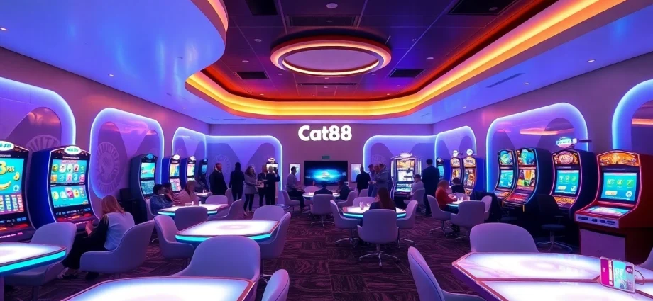 Experience the thrill of online gaming at cat888's modern lounge with engaging digital displays.