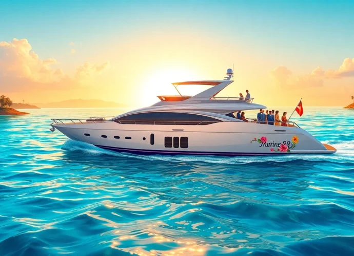 Experience the luxurious Marine88 yacht amidst stunning tropical scenery with guests enjoying a sunset cruise.