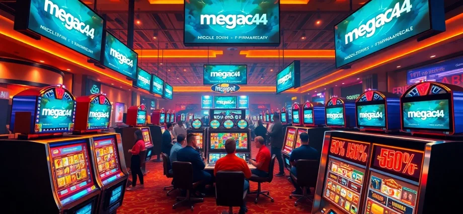 Experience the excitement at megac4 online casino with vibrant slot machines and players enjoying their games.