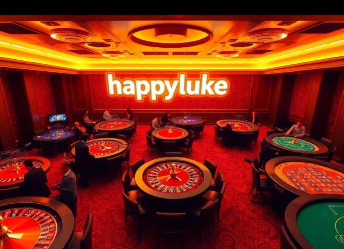 Experience the thrilling atmosphere of happyluke's luxurious gaming room with roulette and poker tables.