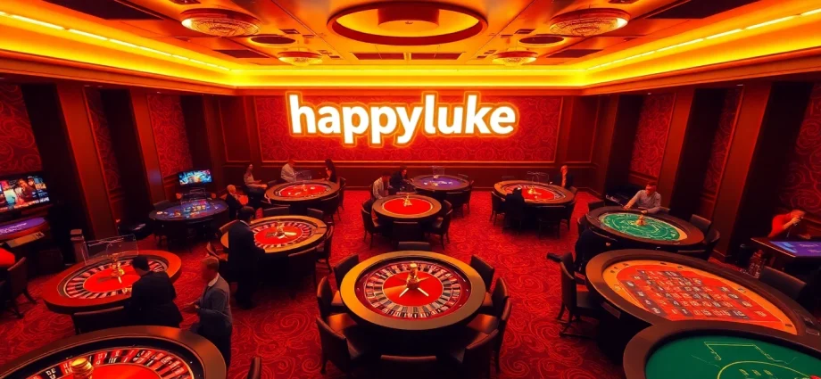 Experience the thrilling atmosphere of happyluke's luxurious gaming room with roulette and poker tables.