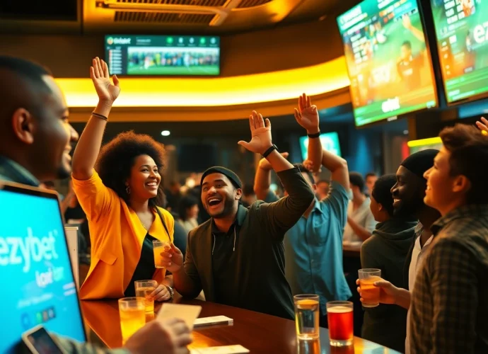 Ezybet patrons joyfully engaging in sports betting while enjoying the ambiance of modern betting screens.