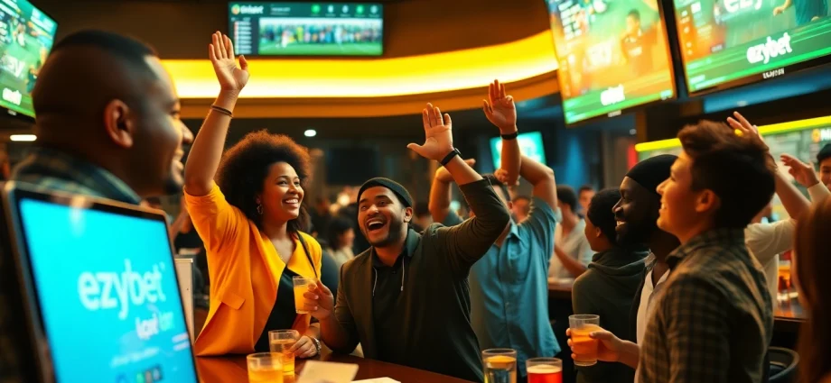 Ezybet patrons joyfully engaging in sports betting while enjoying the ambiance of modern betting screens.