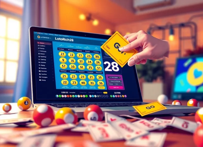 Exciting online lottery interface on lottorich28 with vibrant lottery balls and tickets.