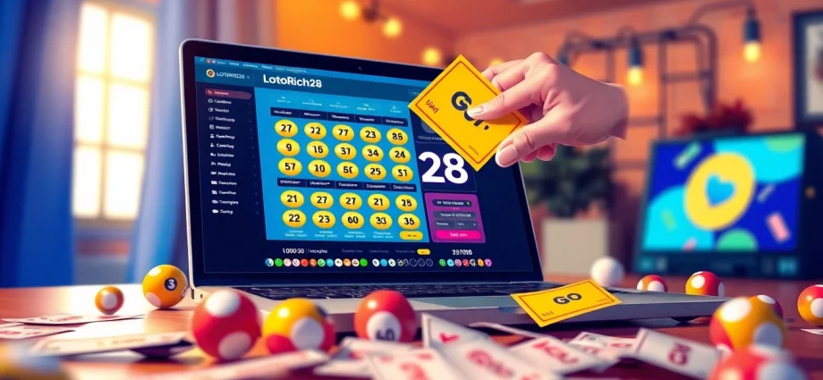 Exciting online lottery interface on lottorich28 with vibrant lottery balls and tickets.