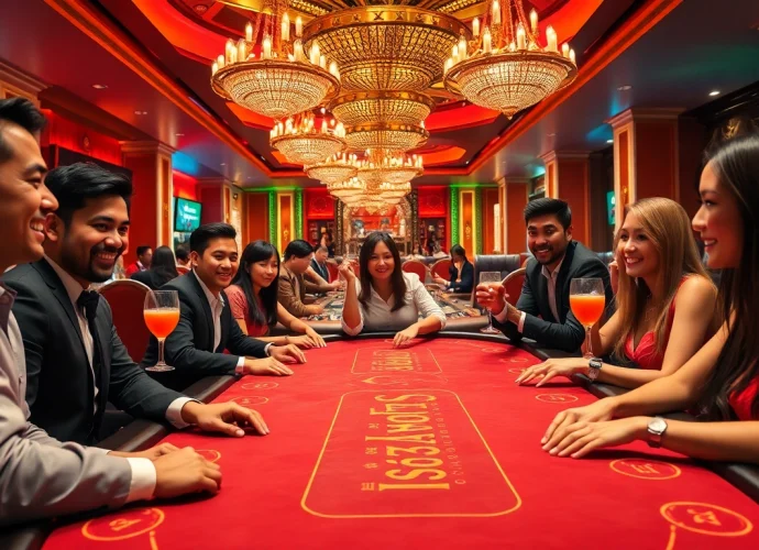 Experience the excitement of fox888 in a luxurious casino scene filled with joyful players and vibrant colors.