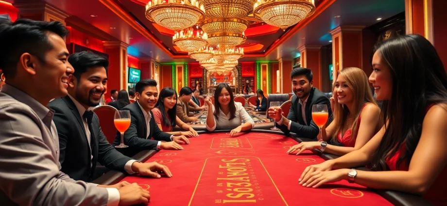 Experience the excitement of fox888 in a luxurious casino scene filled with joyful players and vibrant colors.