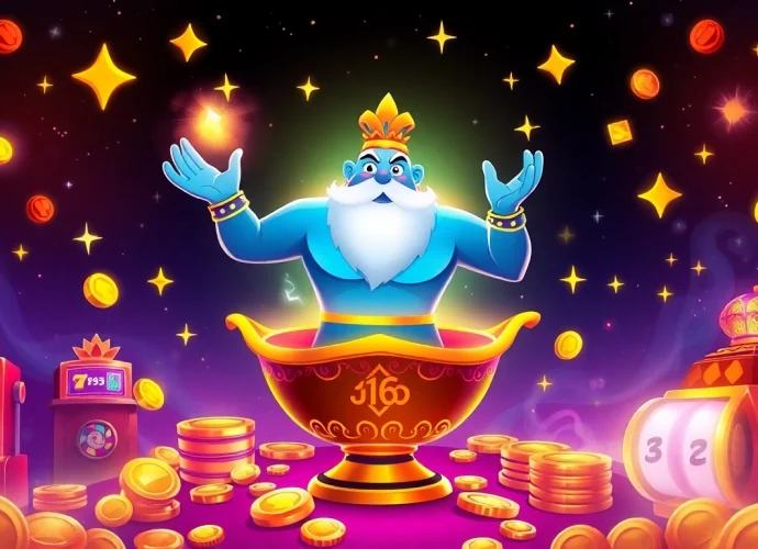 Discover the thrilling world of genie168 with a vibrant illustration of a mystical genie granting gaming wishes.