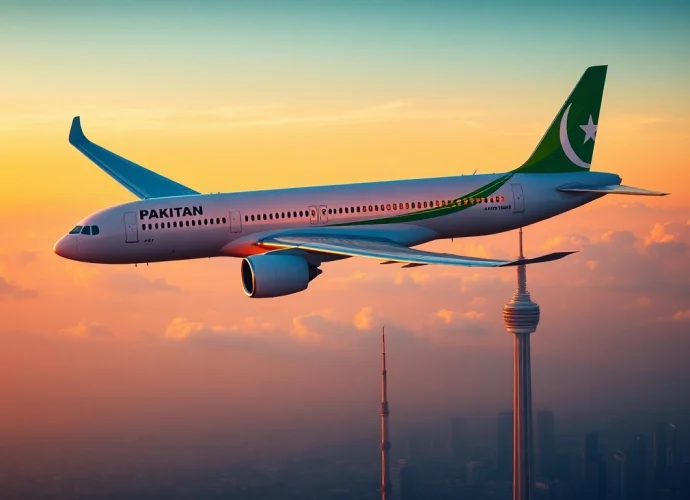 Capture the PIA flight PK789 ascending towards Toronto's skyline, showcasing its vibrant colors and excitement.