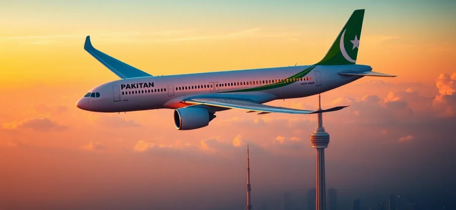 Capture the PIA flight PK789 ascending towards Toronto's skyline, showcasing its vibrant colors and excitement.