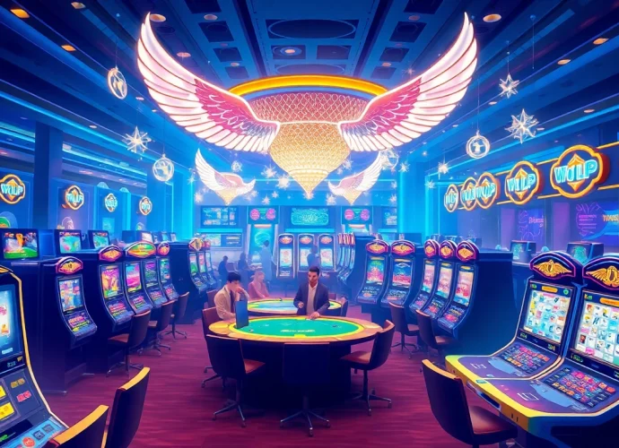 Explore a luxurious casino atmosphere at wings789, featuring vibrant colors and electrifying gaming options.