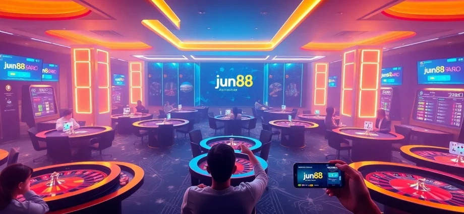 Experience the excitement of online gaming at jun88, featuring sleek casino tables and engaged players.