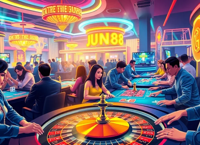 Experience the excitement of jun88 with players enjoying vibrant online casino games in a lively setting.