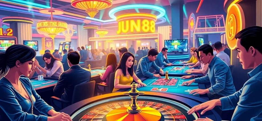 Experience the excitement of jun88 with players enjoying vibrant online casino games in a lively setting.