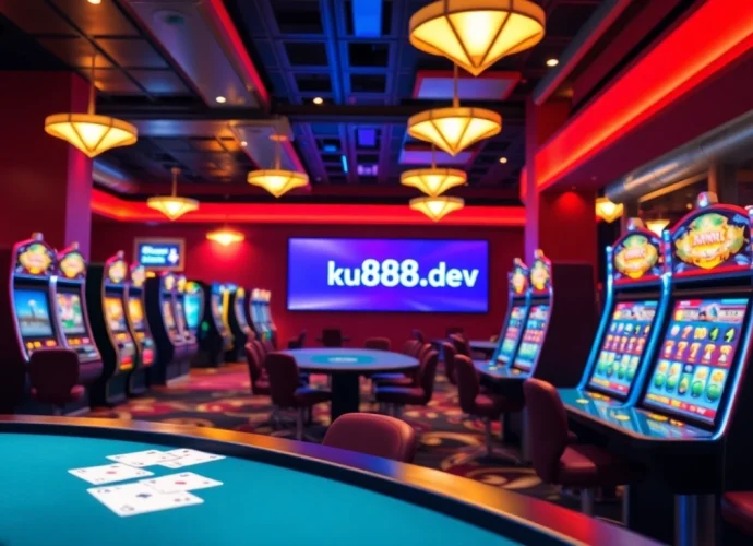 Explore the dynamic gaming environment at ku888.dev, showcasing exciting slot machines and poker tables.