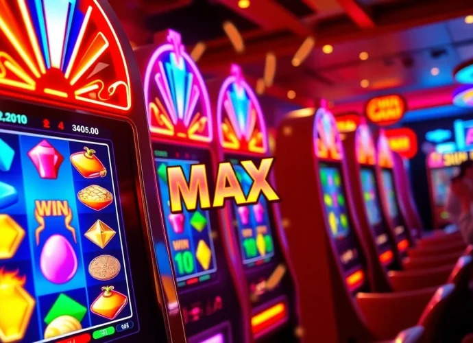 Celebrate a big win on the slot maxwin machine amidst a lively casino backdrop.