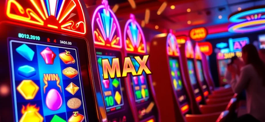 Celebrate a big win on the slot maxwin machine amidst a lively casino backdrop.