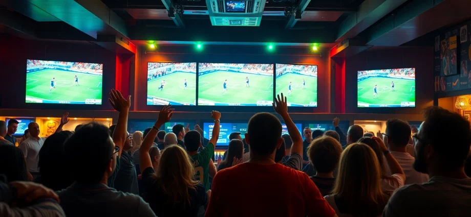 Cakhia TV sports fans enjoying a live football match in a vibrant bar atmosphere.