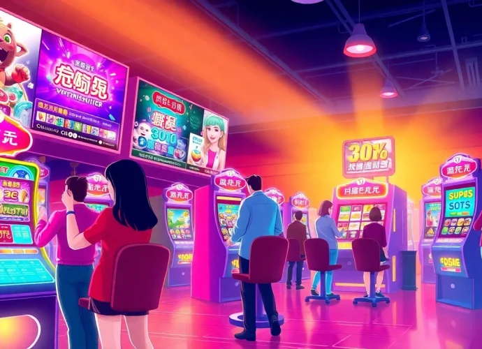 Players joyfully ทดลองเล่นสล็อต on vibrant PG Slot machines, capturing their excitement in a colorful online casino setting.