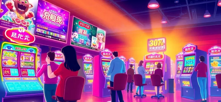 Players joyfully ทดลองเล่นสล็อต on vibrant PG Slot machines, capturing their excitement in a colorful online casino setting.