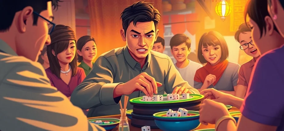 Engage in an exciting game of xóc đĩa with colorful plates and intense players in a lively atmosphere.