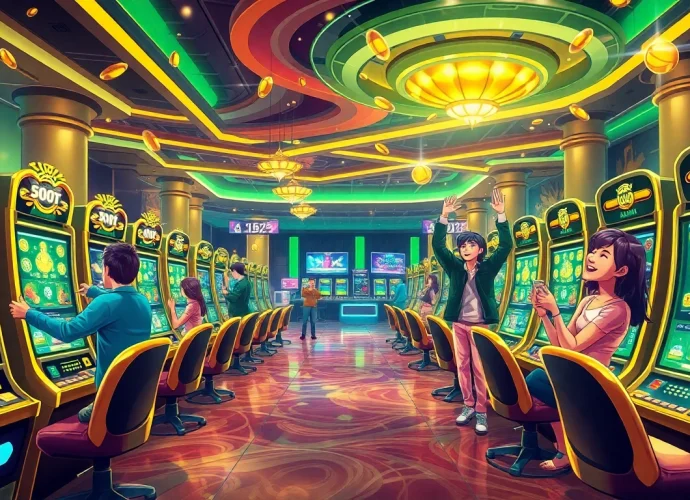 Experience excitement at pgslot168 with dynamic casino visuals featuring vibrant slot machines and happy players.