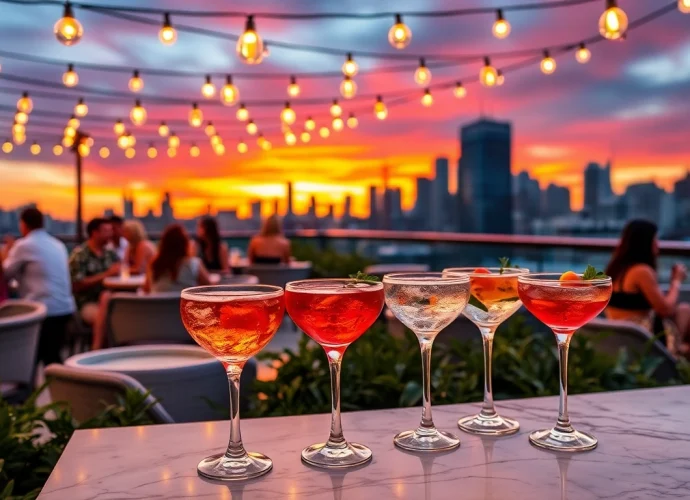 Enjoy a sunset view at NoHu rooftop bar with cocktails in hand.