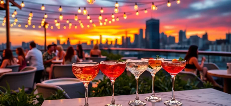 Enjoy a sunset view at NoHu rooftop bar with cocktails in hand.