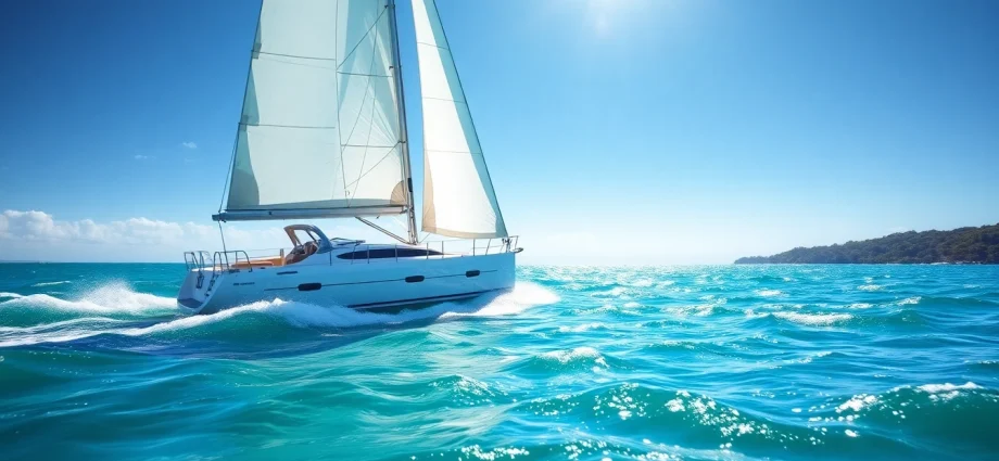 Experience the thrill of sailing a J88 boat racing on turquoise waters.