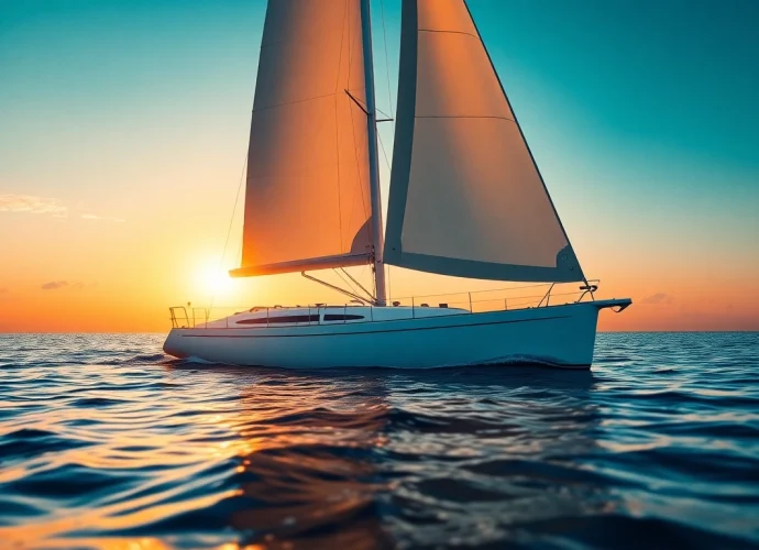 Sailing a J88 sailboat against a stunning sunset backdrop over tranquil waters.