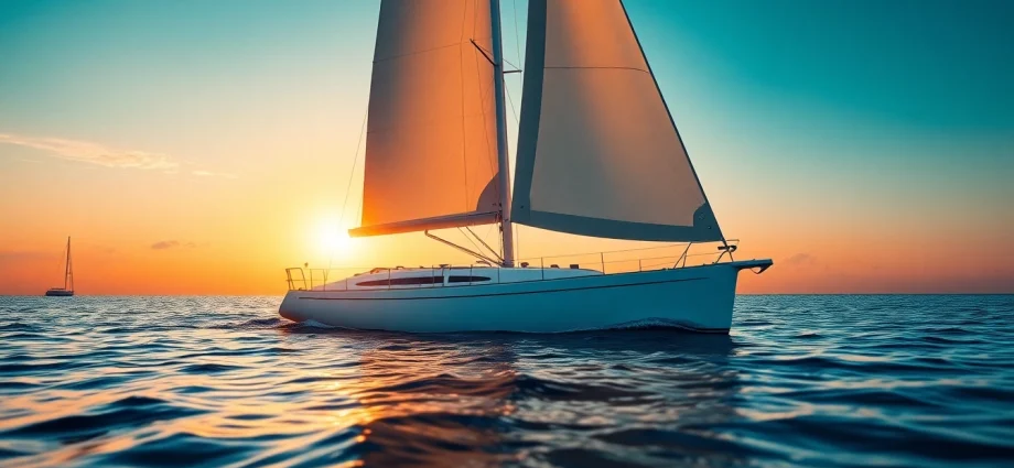 Sailing a J88 sailboat against a stunning sunset backdrop over tranquil waters.