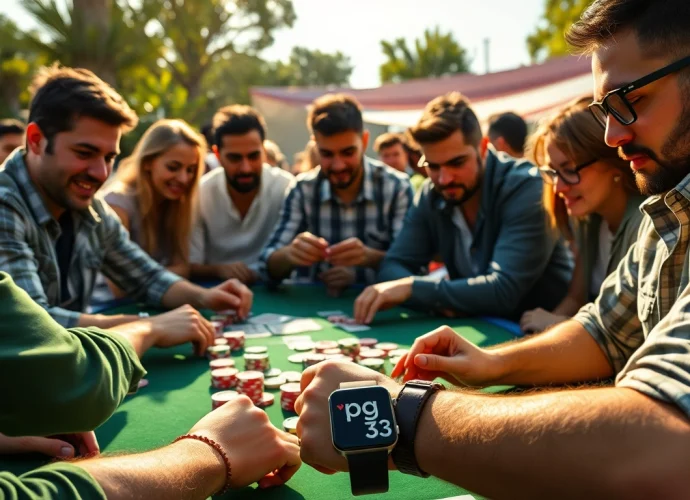 Capture the excitement of a poker game where players use the pg333 smartwatch to keep track of their bets.