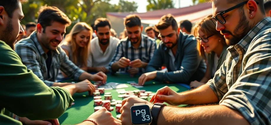 Capture the excitement of a poker game where players use the pg333 smartwatch to keep track of their bets.